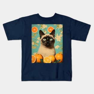 Retro Kitsch Siamese Cat and Citrus Fruit Collage Kids T-Shirt